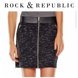 Rock & Republic Womens Black Marled Knit Faux Leather Zippered Mini Skirt Sz XL